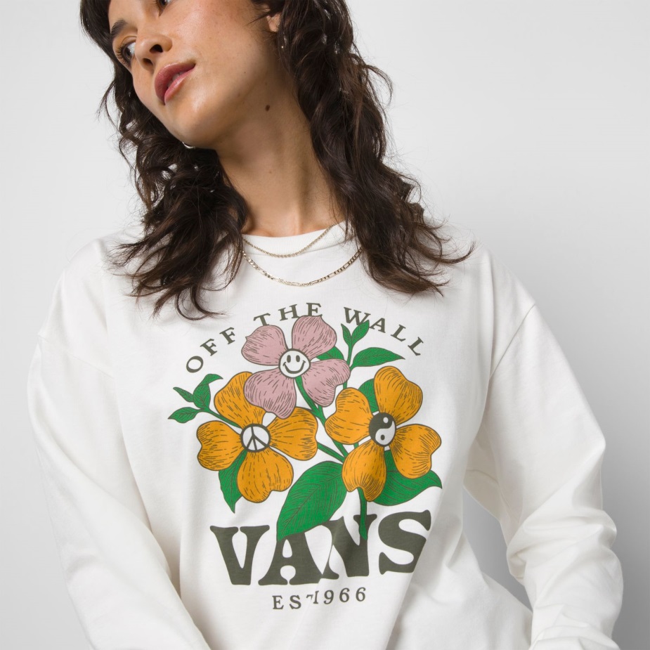 Vans λουλούδι παλίρροια μακριά μανίκια υπερμεγέθη μπλουζάκι Marshmallow
